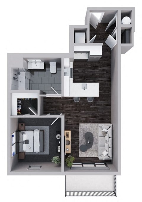Floor plan for 1 bed, 1 bath, 684 sqft